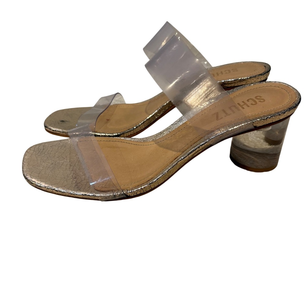 SCHUTZ Womens Clear Strap Square Toe Block Heels Metallic Gold Leather Sole 6B